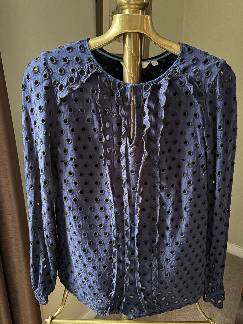 Boden Navy Eyelet Long-Sleeve Ruffle-Front Blouse